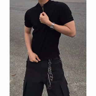 韩国东大门代购春夏时尚插肩袖罗纹半拉链短袖针织T恤衫男bTS5298