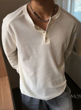 韩国东大门男装代购罗纹插肩袖亨利领长袖T恤痞帅打底上衣-TS5160