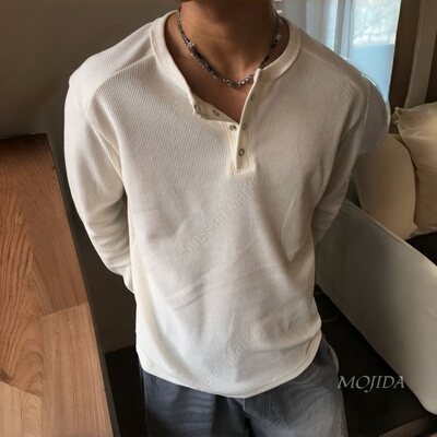 韩国东大门男装代购罗纹插肩袖亨利领长袖T恤痞帅打底上衣-TS5160