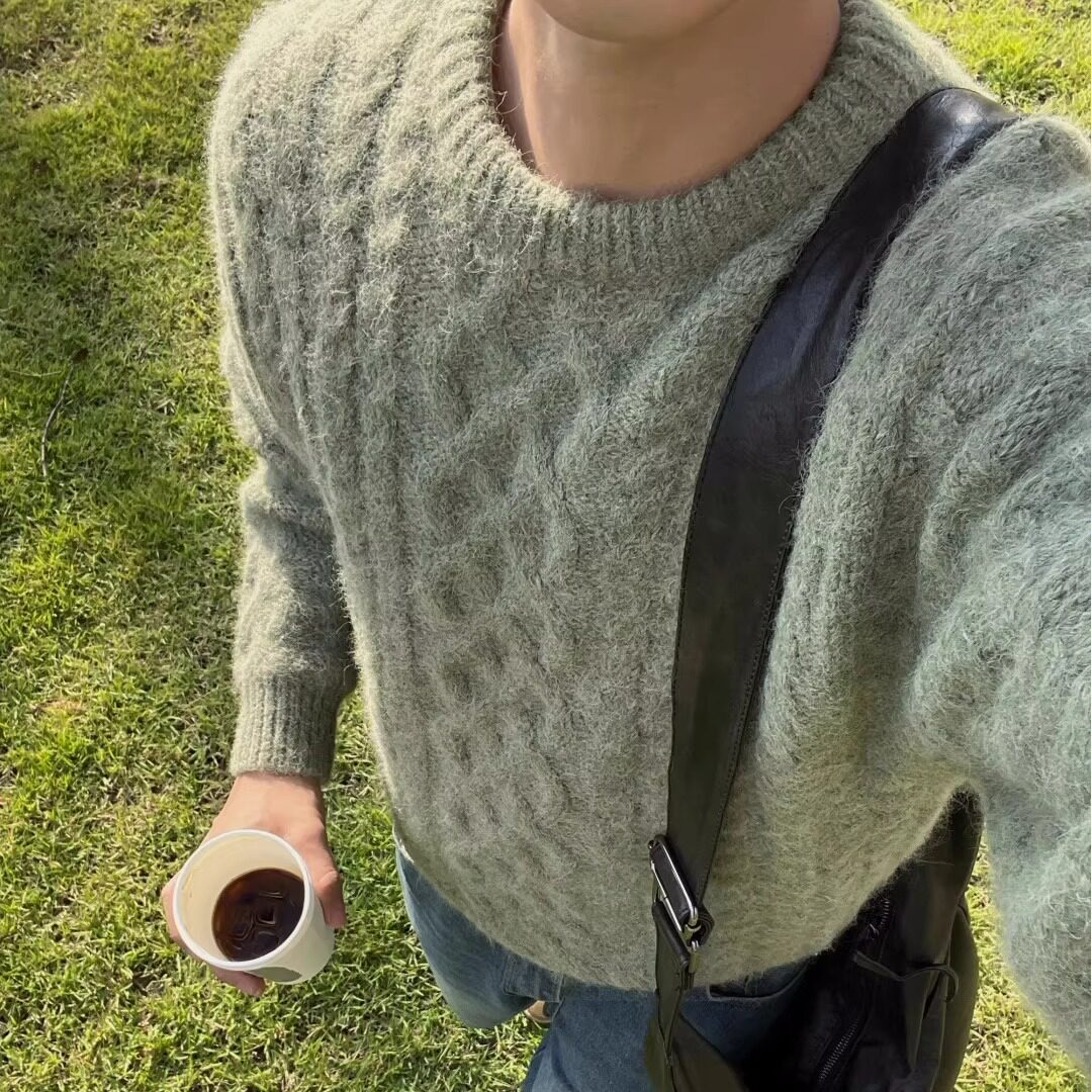韩国男装代购秋冬氛围感时尚毛绒立体麻花纹宽松毛衣针织衫CD2006