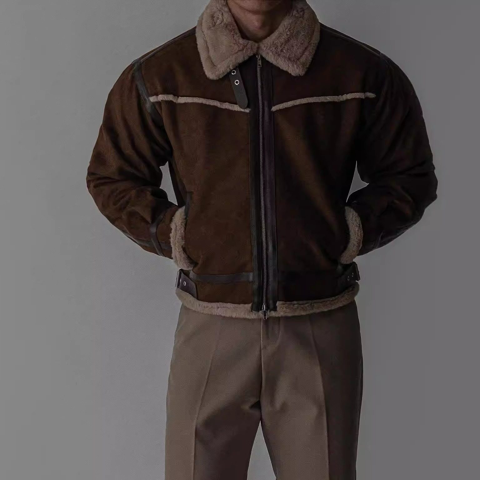 韩国男装代购重工PU皮毛一体线条拼接麂皮绒机车服夹克外套JK4806