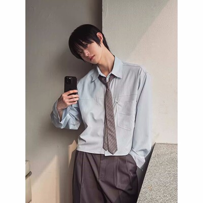 韩国东大门代购春个性廓形设计师短款剪裁宽松休闲长袖衬衫SH2483