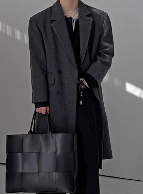 韩国东大门男装代购老钱风双排扣背后双开衩毛呢大衣外套男JK4653