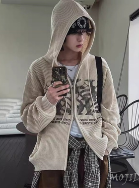 东大门韩国代购高街潮流个性字母印花针织连帽毛衣开衫外套CD1739