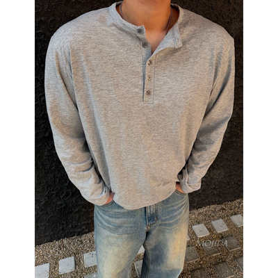 韩国东大门男装代购高品亲肤亚麻粗纺亨利领长袖T恤内搭男TS5388