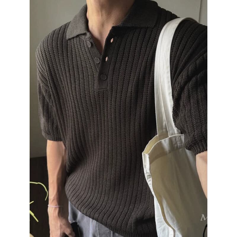 韩国东大门代购夏高品气质精工麻花纹圆领短袖针织POLO衫男TS6615