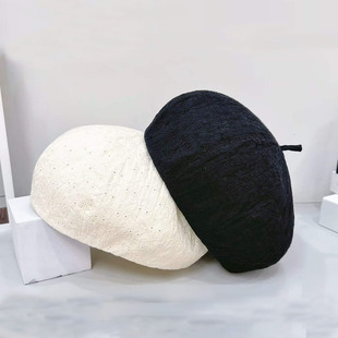 春夏减龄休闲透气棉布贝雷帽子女蕾丝绣花镂空南瓜帽显脸小画家帽