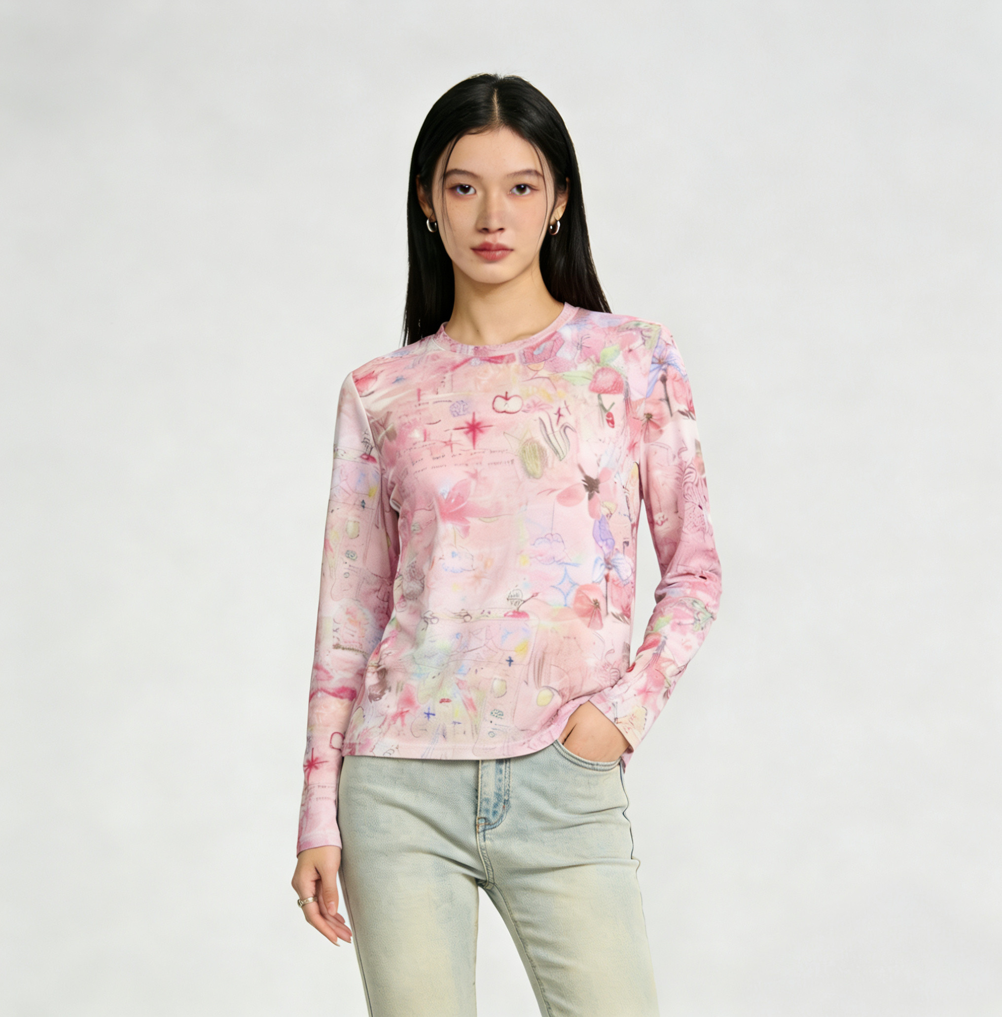 卡通图案圆领长袖T恤女2026夏季上衣长袖网纱T恤女宽松薄款防晒衣