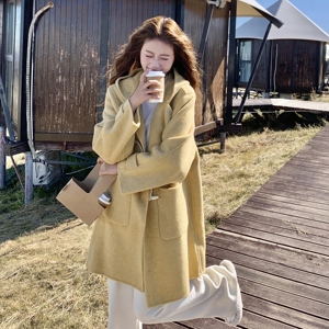 黄色慵懒风牛角扣双面呢羊毛大衣女入冬2025新款中长款绝美厚外套图片