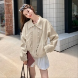 卡其色花边拼接工装短外套女2025秋季新款小个子超火流行夹克上衣，女装皮衣，2D073