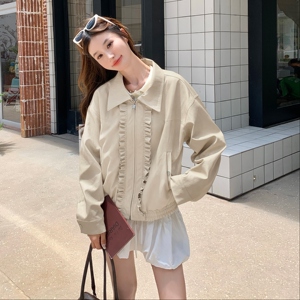 卡其色花边拼接工装短外套女2025秋季新款小个子超火流行夹克上衣图片