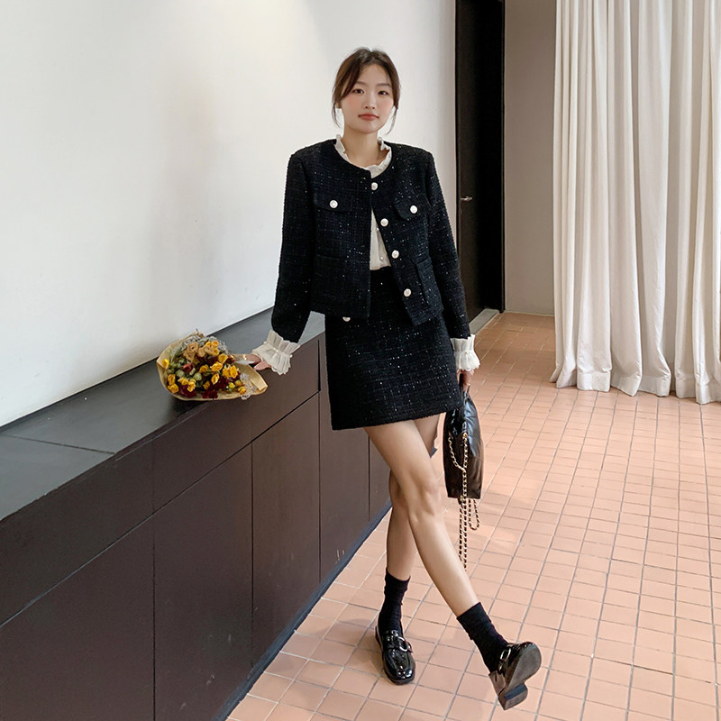 黑色亮片小香风套装女春2025新款轻奢气质高级感爆款套装裙两件套,女装套装/套裙,2D073