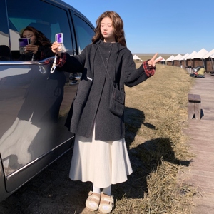 复古格纹内里连帽双面呢大衣女2025冬季慵懒风气质单排扣呢子外套图片