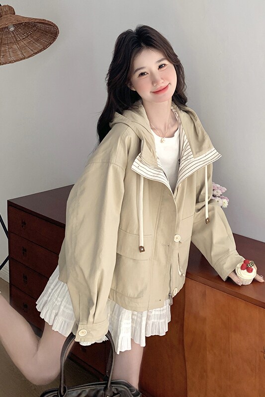 现货连帽风衣条纹拼接外套2D073-6628-P155-K228,女装风衣,2D073