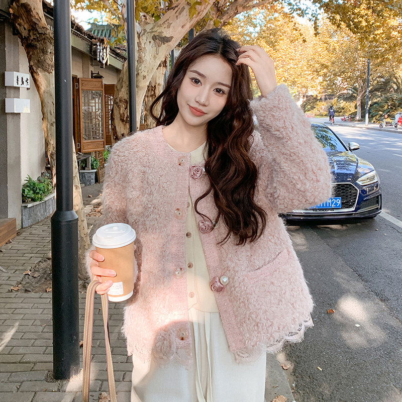 粉色小个子羊羔毛羽绒服女2025冬季新款名媛小香风90白鸭绒短外套图片