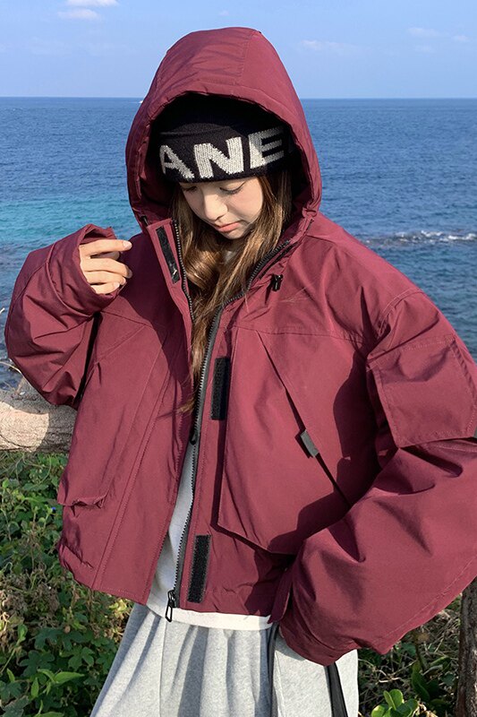 安可拉红连帽工装羽绒服冲锋衣女冬季2025新款小个子90白鸭绒外套图片