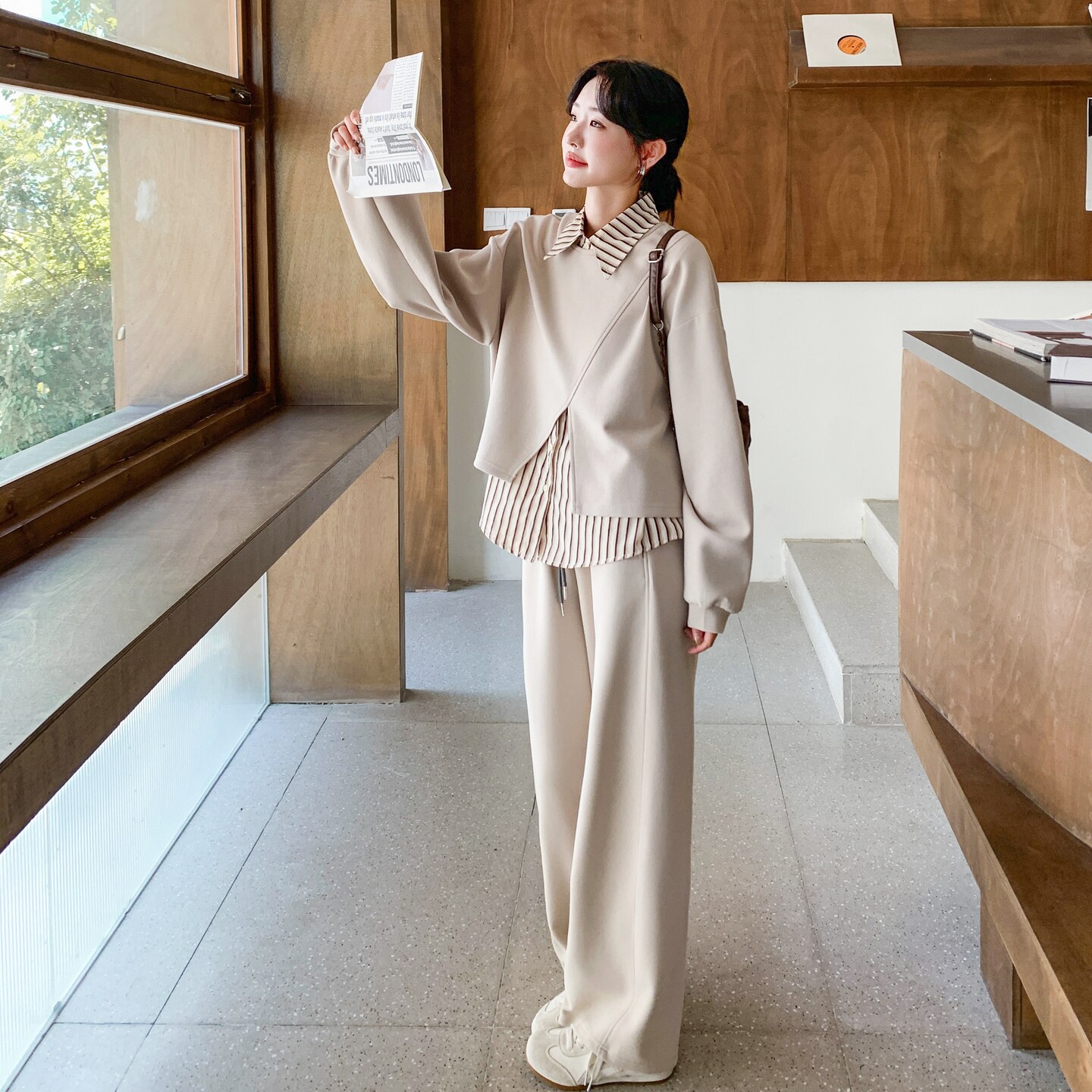 松弛风通勤风裤子长袖春秋外穿阔腿裤休闲风时尚套装气质直筒百搭,女装套装/套裙,2D073