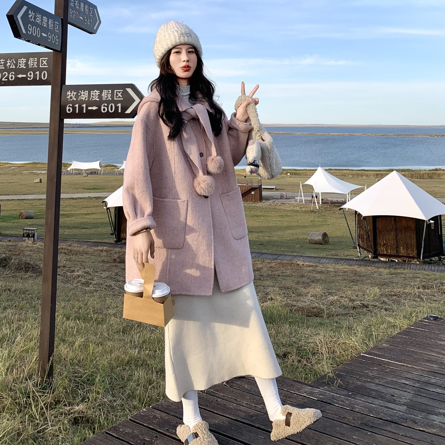 可拆卸针织连帽双面羊毛大衣女秋冬新款甜美宽松小个子毛呢外套潮,女装毛呢外套,2D073