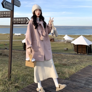 可拆卸针织连帽双面羊毛大衣女秋冬新款甜美宽松小个子毛呢外套潮图片