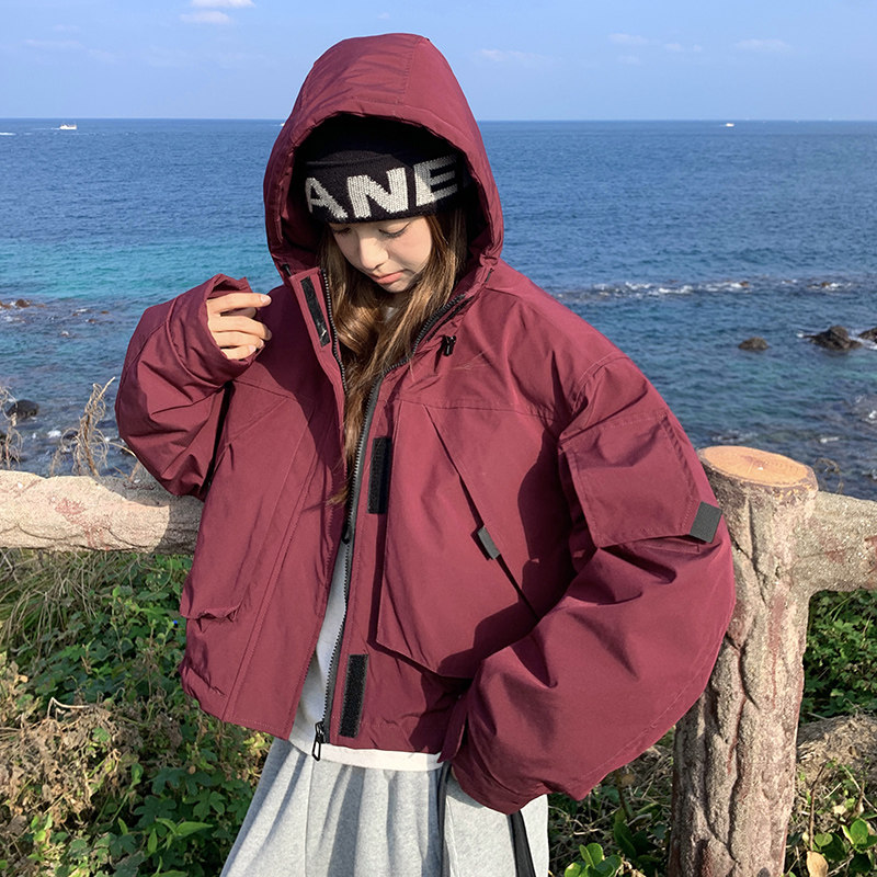 安可拉红连帽工装羽绒服冲锋衣女冬季2025新款小个子90白鸭绒外套图片