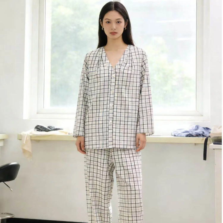 棉麻V领小格子时尚家居服纯棉透气睡衣四季起居服上衣裤子套装