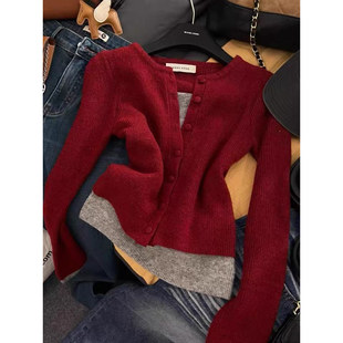 2025秋冬季新款时髦洋气百搭显瘦撞色假两件针织衫打底毛衣女