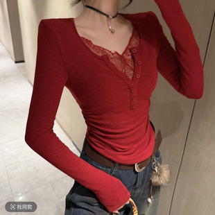 2025秋冬新款韩版时尚百搭显瘦长袖V领磨毛T恤女上衣女