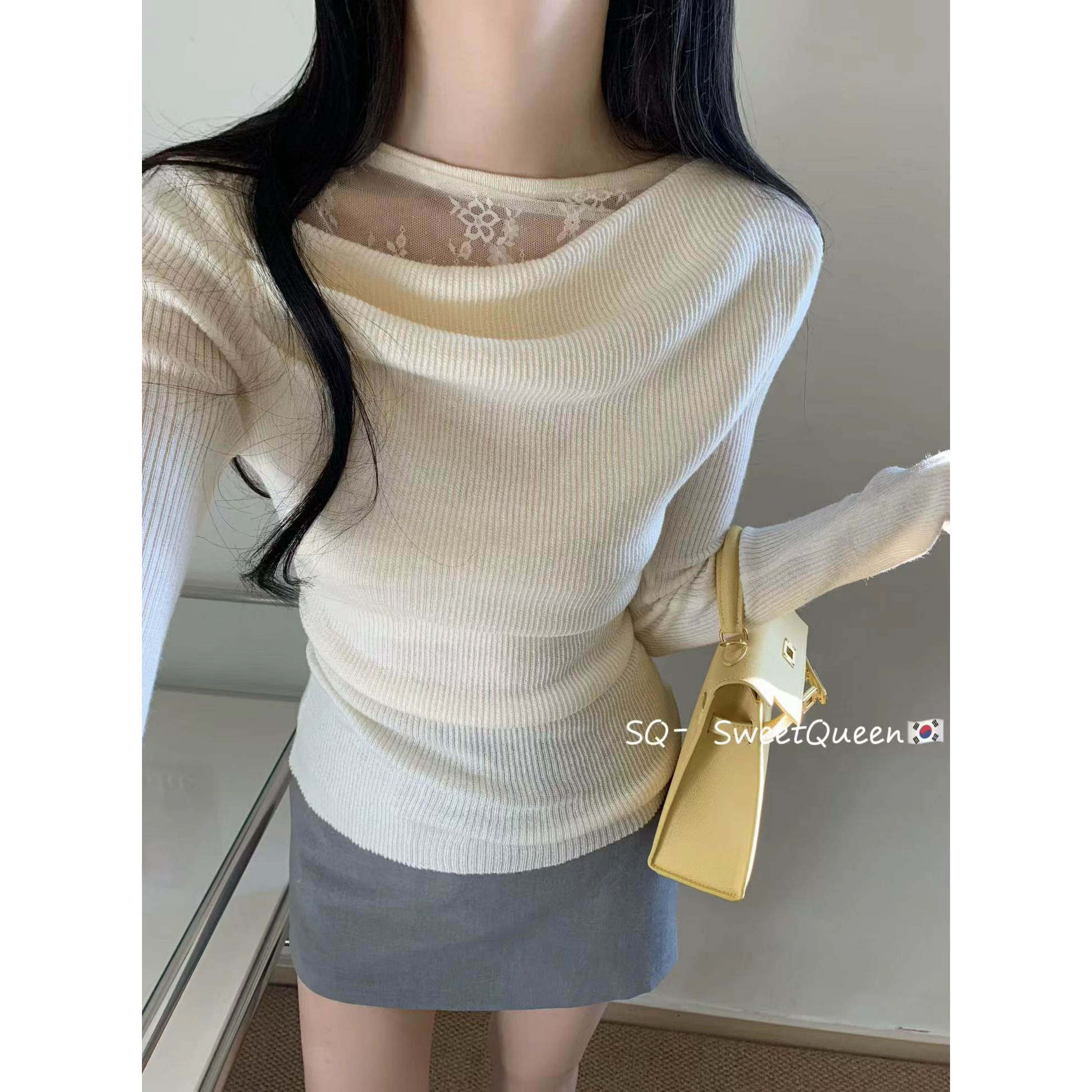 2026早春新款蕾丝拼接褶皱长袖针织衫女修身显瘦毛衣打底衫,女装/女士精品,毛针织衫,淘宝优惠券,粉丝福利购,淘宝优惠卷