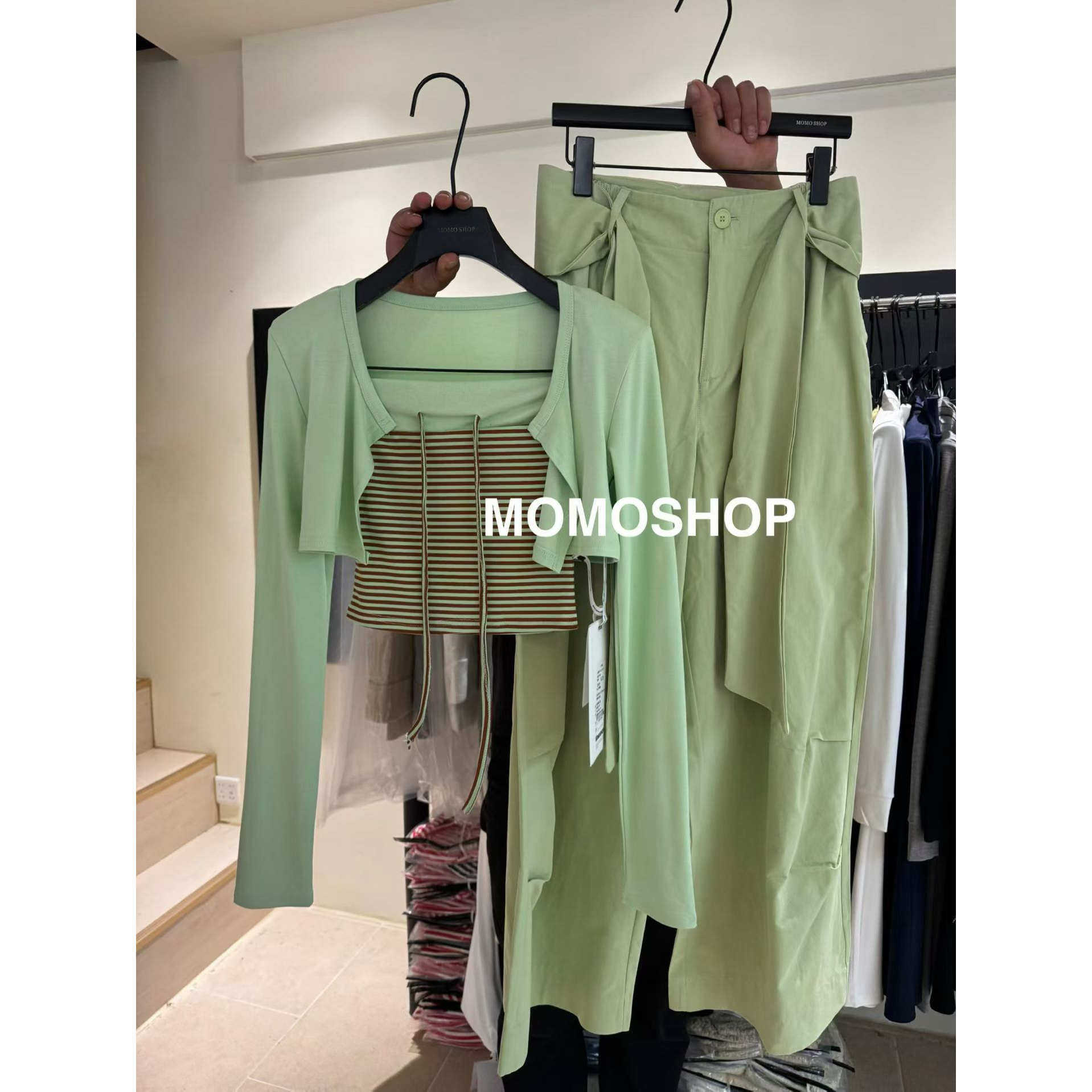 美式复古条纹短款抹胸吊带背心女早春薄款开衫上衣两件套装