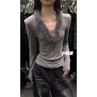 2025冬季新小众原创设计感V领毛毛加厚长袖辣妹打底上衣女