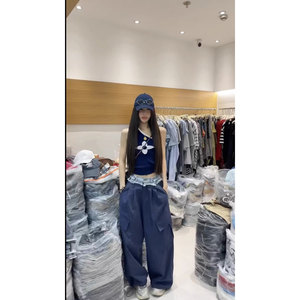 韩版高腰显瘦牛仔拼接阔腿工装裤女夏时髦百搭休闲长裤