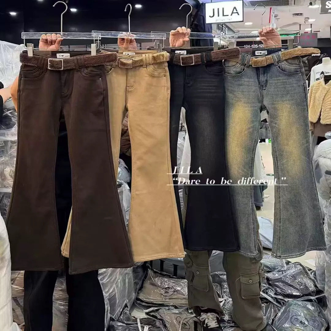 韩国东大门2025冬季新款时髦高腰百搭加绒加厚配腰带微喇牛仔裤女