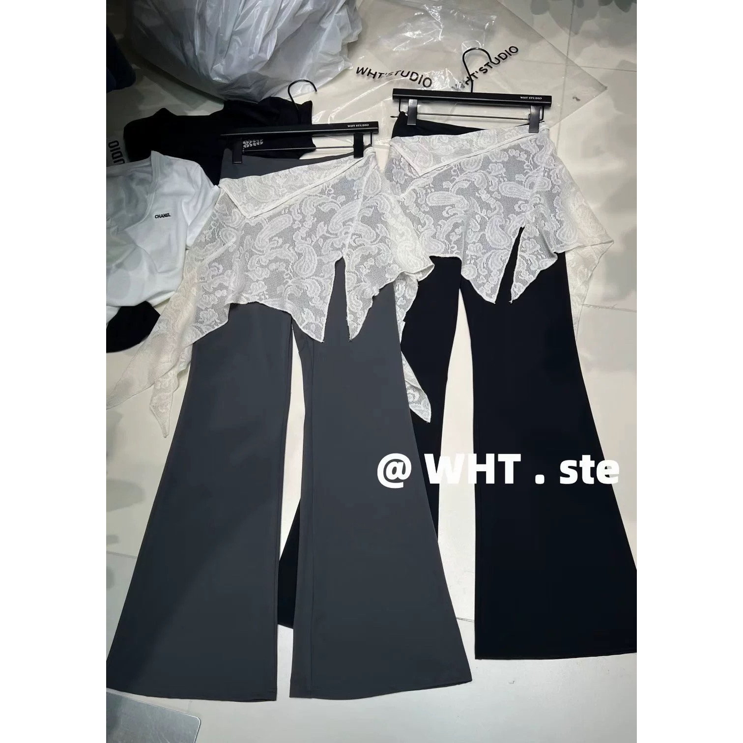 设计感小众屁帘拼接蕾丝高腰显瘦微喇裤女修身洋气显瘦休闲裤长裤