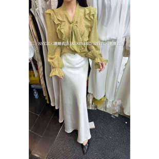 荷叶边独特漂亮别致韩系chic上衣 女春季 甜美蝴蝶结波点雪纺衫 衬衫