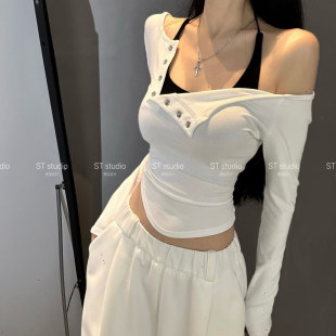 2025新款时尚百搭修身显瘦吊带加长袖T恤两件套女上衣