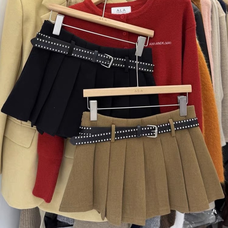 韩系学院风毛呢百褶半身裙高腰百搭防走光短裙圆领长袖针织衫套装