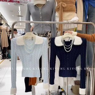 2025冬季新款气质撞色毛领麻花毛衣女翻领修身显瘦短款针织衫潮