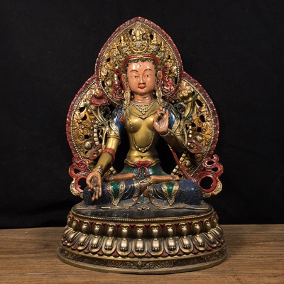 古玩杂项回流黄铜彩绘西藏传七眼白度母长22.5宽16高31.5重2515克