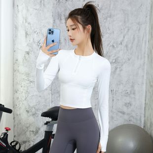 SPLAN唤醒计划紧身短款 跑步显瘦半拉链瑜伽服女 弹力运动上衣长袖