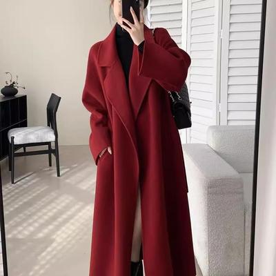 红色双面羊毛大衣女秋冬新款结婚新年跨年中长款高级感毛呢外套女