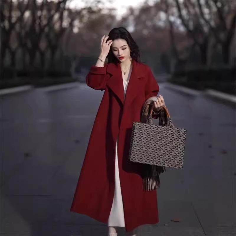 红色双面羊毛大衣女秋冬季高级感超好看中长款新年圣诞毛呢外套女