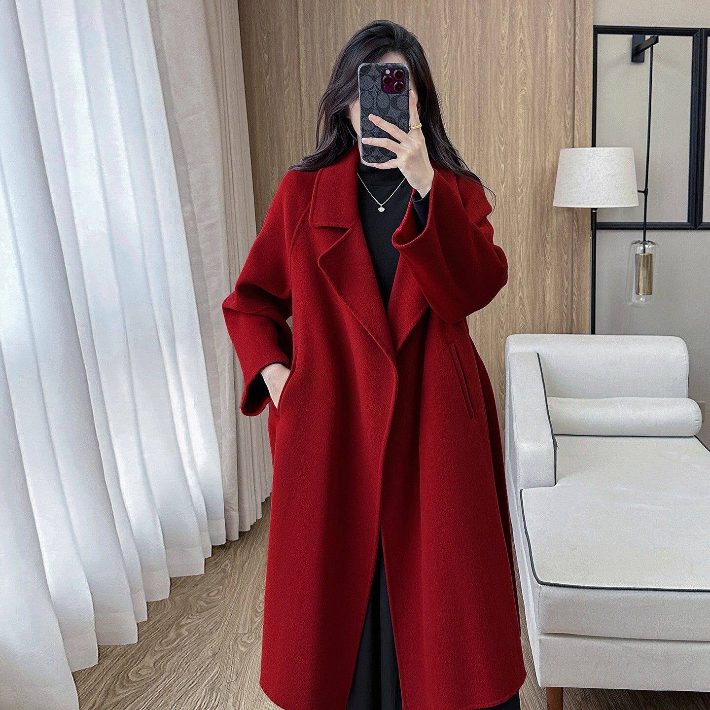 秋冬季酒红色女士绵羊毛大衣