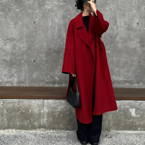 酒红色秋冬双面羊毛大衣女中长款新娘结婚敬酒新年战袍毛呢外套女