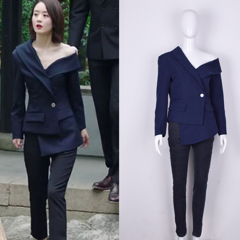 You and my Qingcheng time Lin Qian and Zhao Liying star same irregular diagonal collar off shoulder small suit coat female