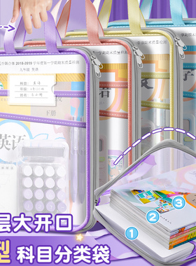 L型科目分类袋透明学科文件袋拉链式网纱大开口小学生手提拎书袋试卷收纳袋作业补习袋初中生考试专用档案袋