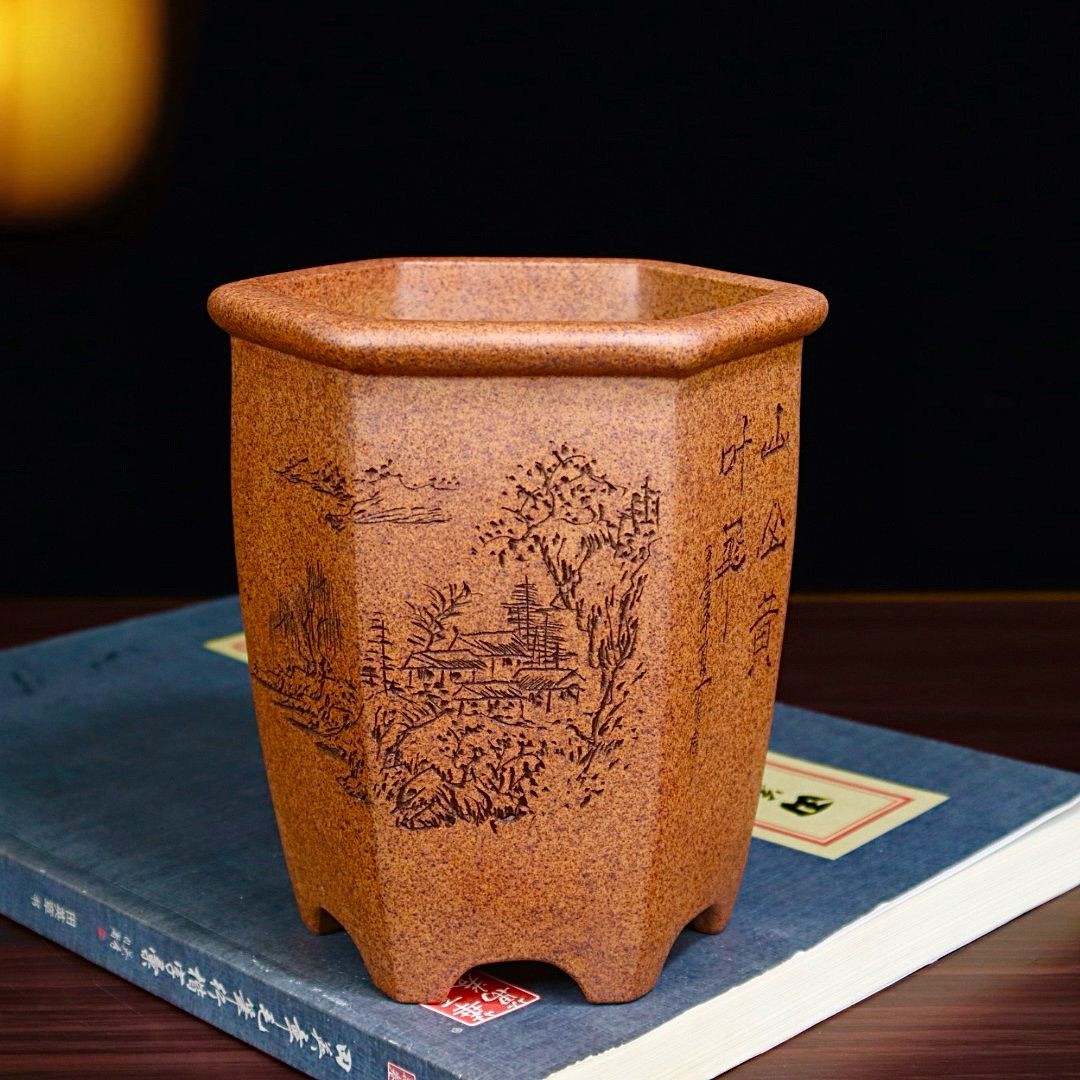 精品柴烧紫砂花盆六方签筒兰花盆手工刻绘盆景盆多肉云竹绿植盆栽