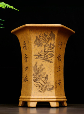 高端精品柴烧紫砂花盆六方形兰花专用盆景盆手工春兰建兰草桌面盆