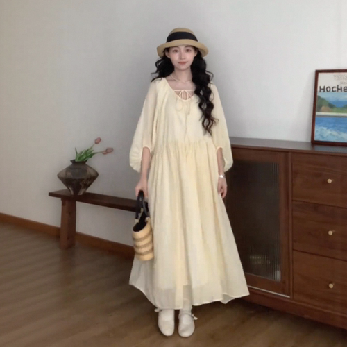 法式复古文艺风飘逸系带中袖连衣裙女春夏新款宽松显瘦休闲长裙子