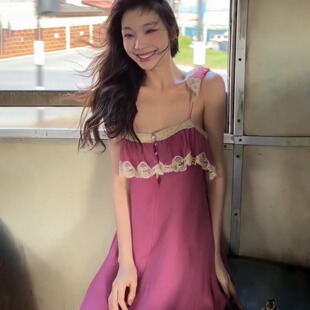 易梦玲同款粉紫色雪纺蕾丝花边吊带连衣裙女夏海边度假风性感长裙