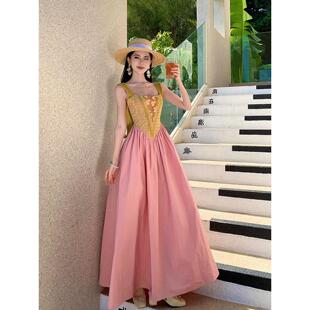 法式甜美拼接海边度假吊带收腰a字连衣裙绝美海岛穿搭多巴胺长裙